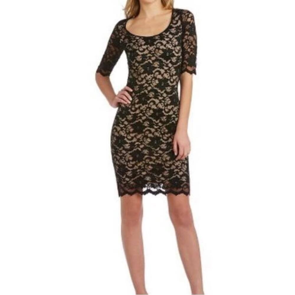 Badgley Mischka Bella Alexandre Black Lace‎ Dress Scoop Neck Bodycon Size 4